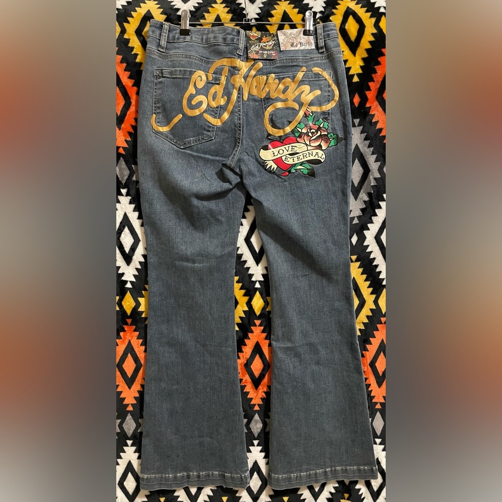 New Ed Hardy Heart True Love Design Women's 30 Flare Jeans Embroidered